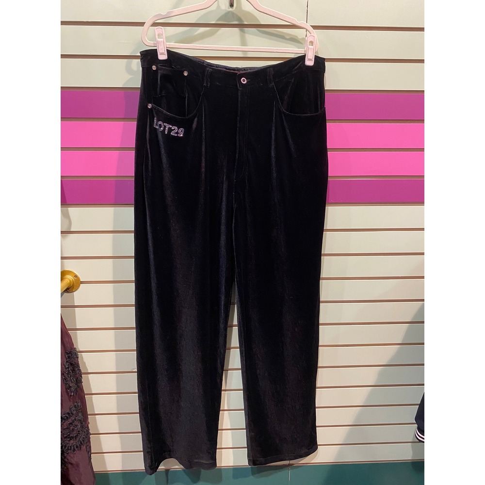 Lot29 XXL Black Velvet Wide Leg Pants Rhinestone Logo Y2K Streetwear Trousers